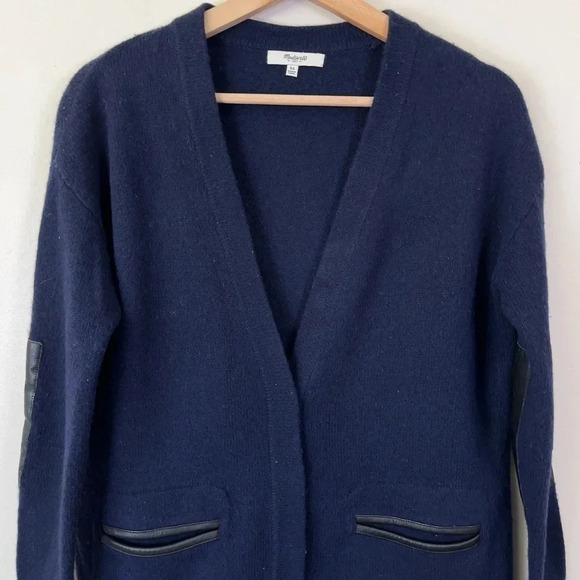 Madewell Lambswool Leather Trim Navy Cardigan - Picture 2 of 12